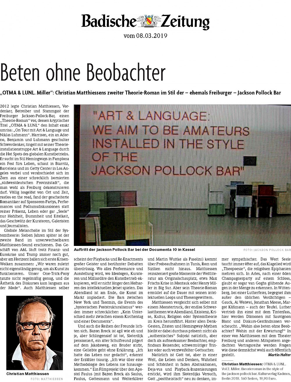 Beten ohne Beobachter: »OTMA & LUNL« in der Badischen Zeitung